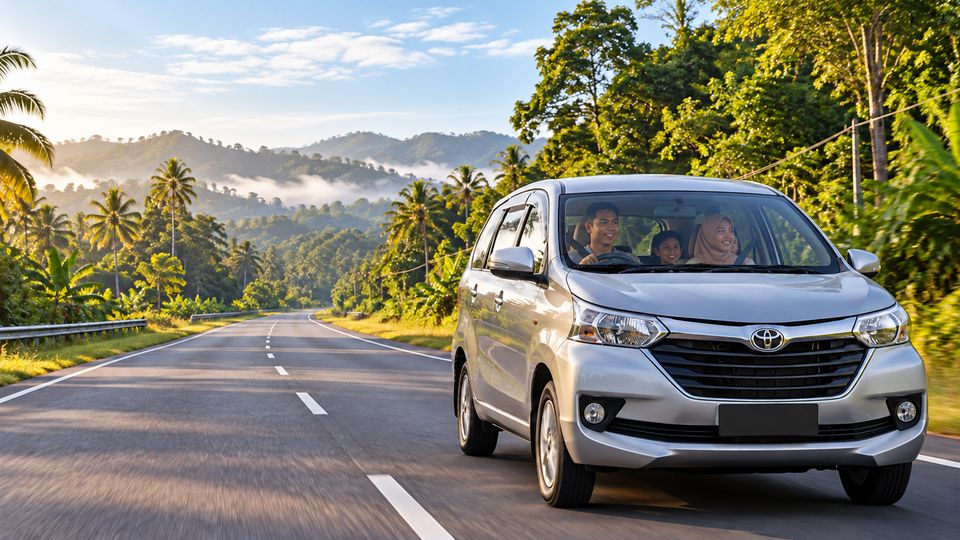 Mobil travel melaju di jalan antarkota berpohon di Kalimantan Barat